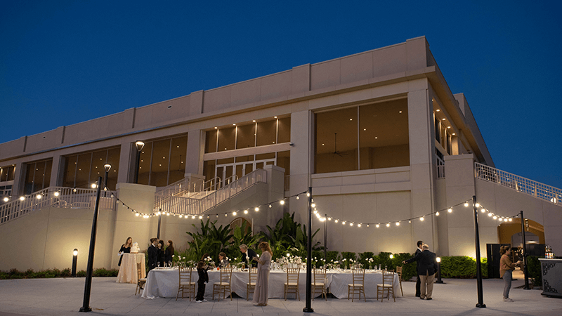 outdoor patio with twinkling lights